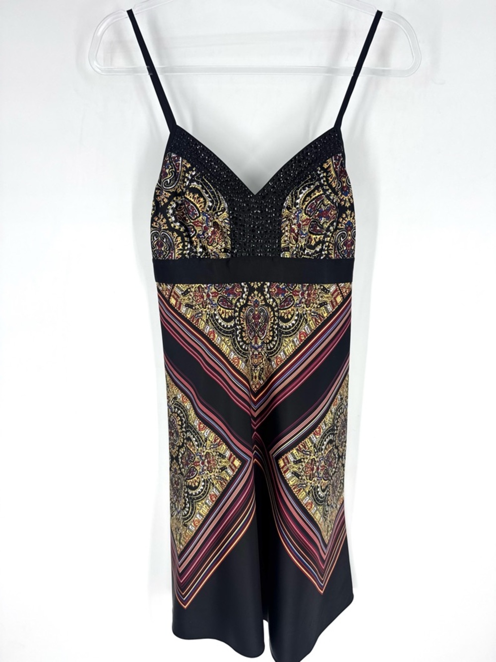 The Limited Beaded Black Multicolor Paisley & Stripe V-Neck Slip Dress Size 4